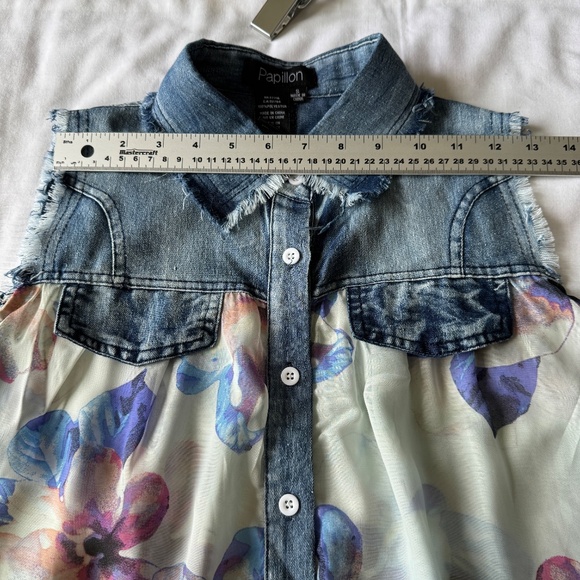 Papillion Sleeveless Denim Yoke Sheer Button Up Floral Top Size Small Festival - Picture 11 of 14